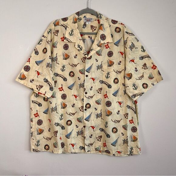 Pacific Legend Voyage Ivory Cotton Men's Hawaiian Shirt - Picture 1 of 13